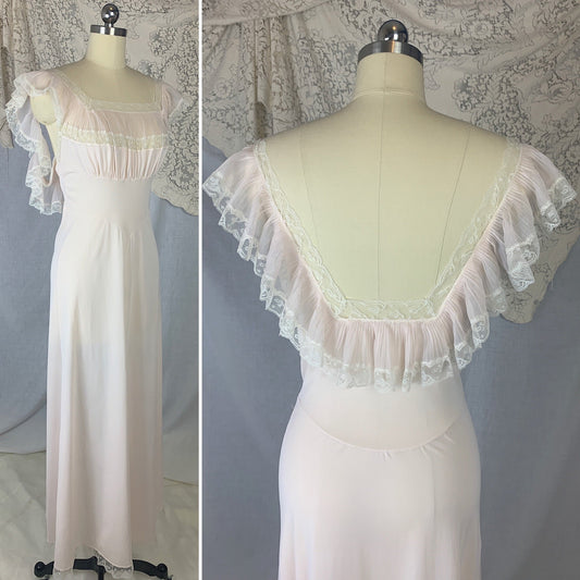 Vintage 1950's Nightgown | Powder Pink Nylon with Crystal Pleat Ruffles & White Lace | Size S | Fischer Heavenly Lingerie - Daggers & Dames