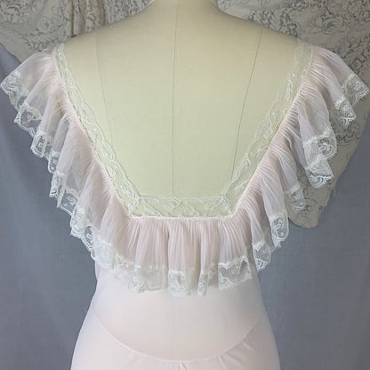 Vintage 1950's Nightgown | Powder Pink Nylon with Crystal Pleat Ruffles & White Lace | Size S | Fischer Heavenly Lingerie - Daggers & Dames