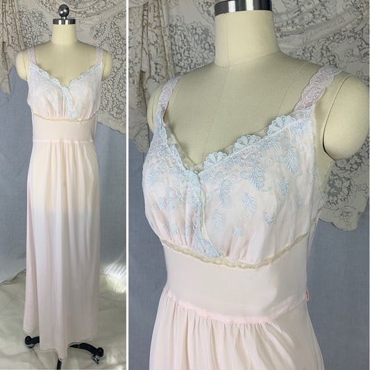 Vintage 1950's Nightgown | Powder Pink Rayon Blend with Silver Filigree Embroidered Chiffon | Size M | Godfried - Daggers & Dames