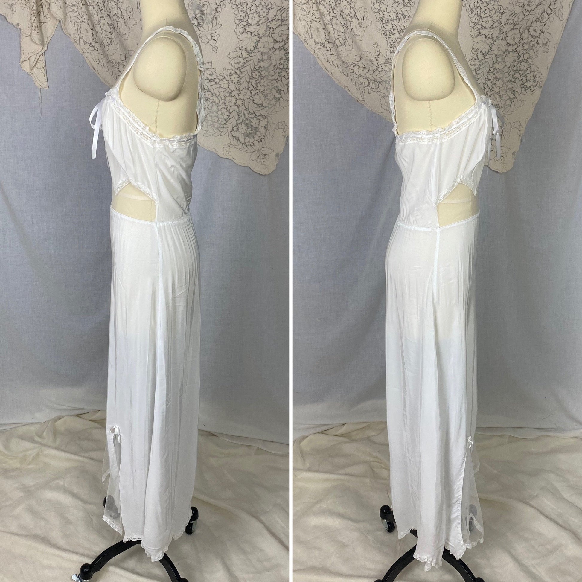 Vintage 1950's Nightgown | Semi Sheer White Rayon Crepe with Nylon Mesh Inserts & Scalloped Hem | Size XS, S - Daggers & Dames