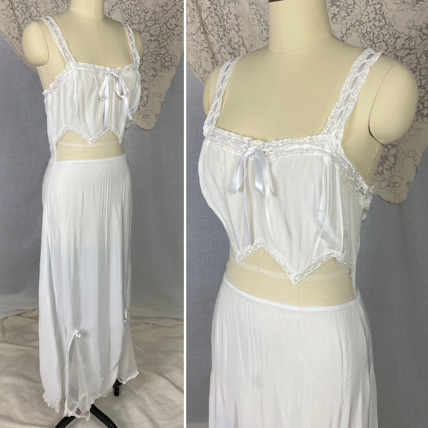 Vintage 1950's Nightgown | Semi Sheer White Rayon Crepe with Nylon Mesh Inserts & Scalloped Hem | Size XS, S - Daggers & Dames
