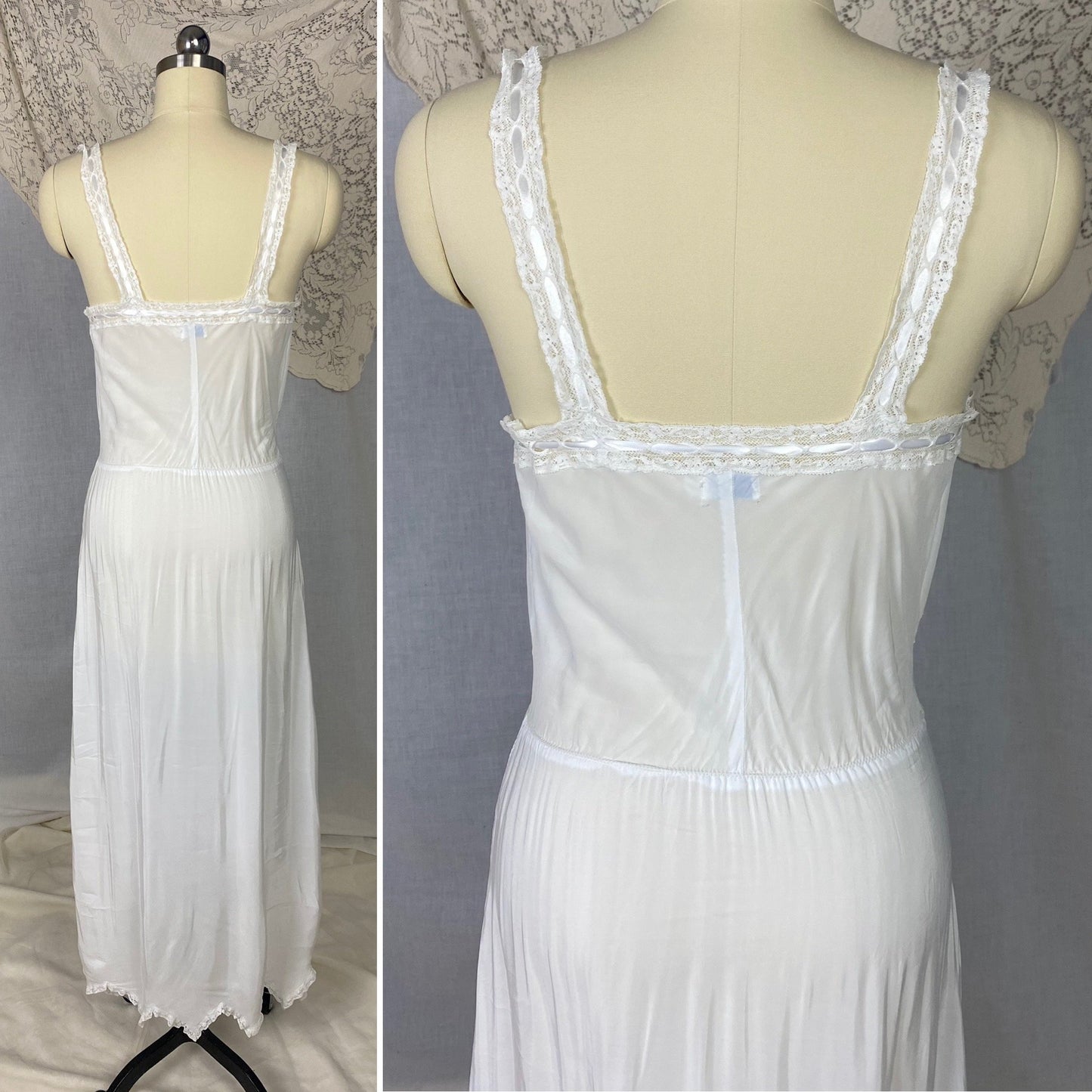 Vintage 1950's Nightgown | Semi Sheer White Rayon Crepe with Nylon Mesh Inserts & Scalloped Hem | Size XS, S - Daggers & Dames