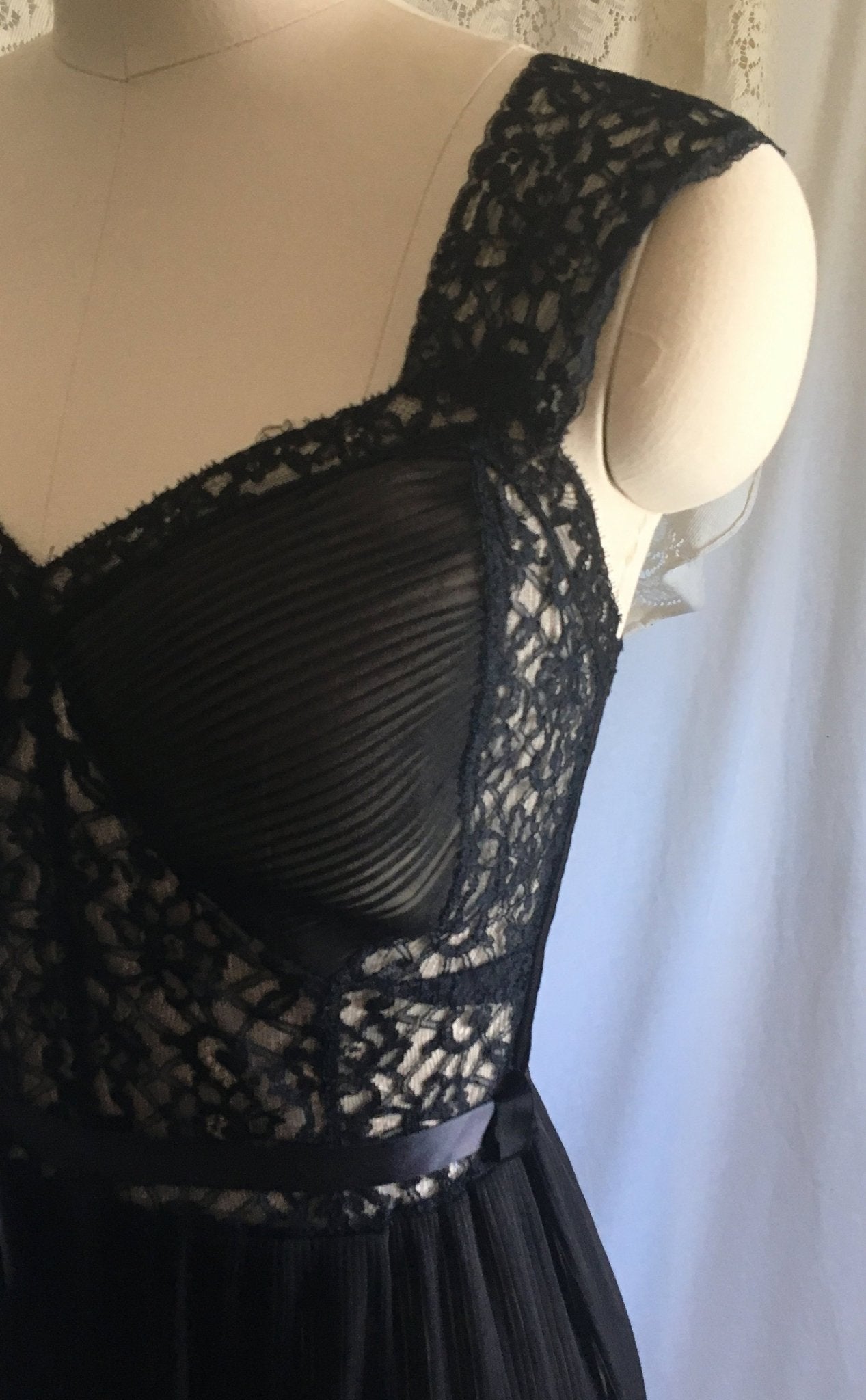 Vintage 1950's Nightgown | Sheer Black Chiffon with Crystal Pleating & Lace | Miss Siren | Size S - Daggers & Dames