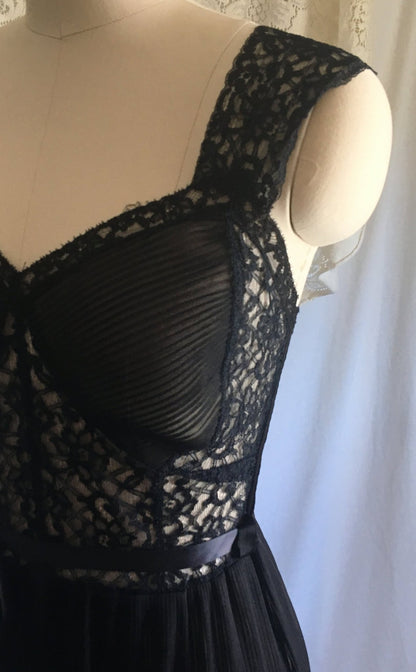 Vintage 1950's Nightgown | Sheer Black Chiffon with Crystal Pleating & Lace | Miss Siren | Size S - Daggers & Dames