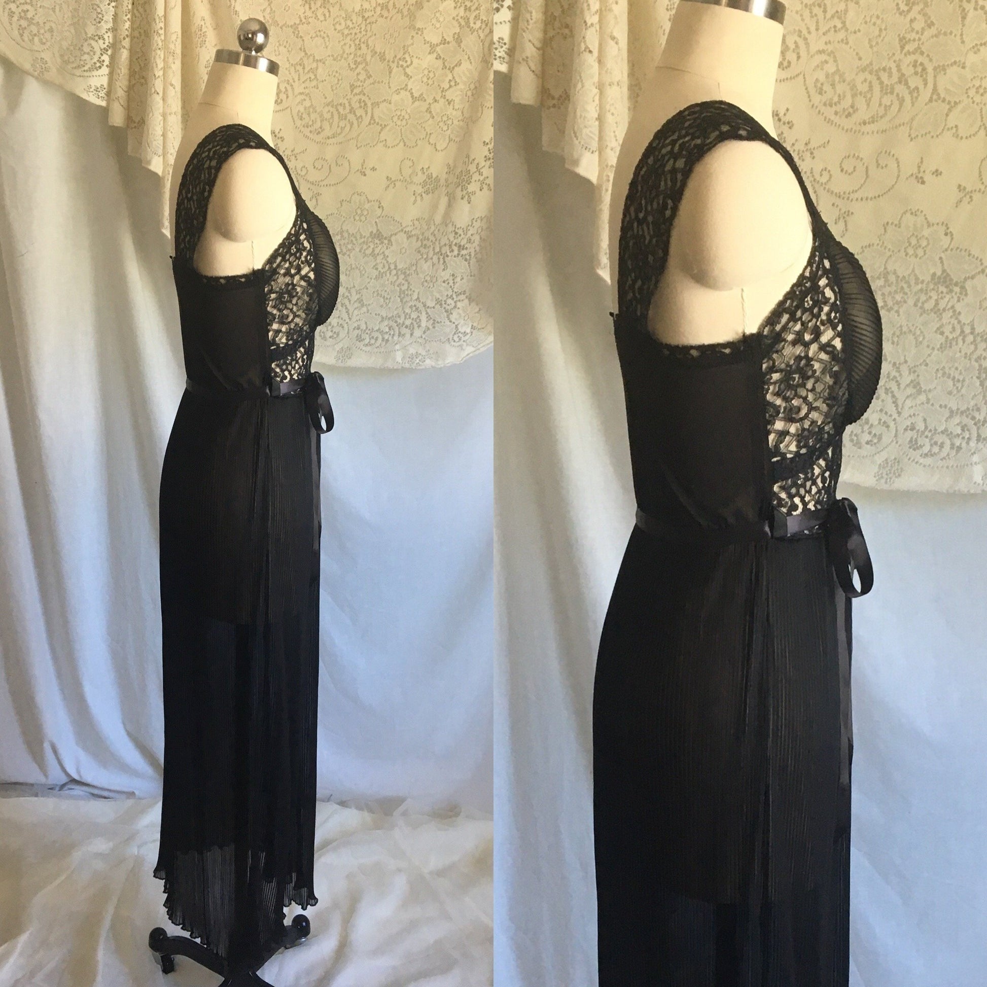 Vintage 1950's Nightgown | Sheer Black Chiffon with Crystal Pleating & Lace | Miss Siren | Size S - Daggers & Dames