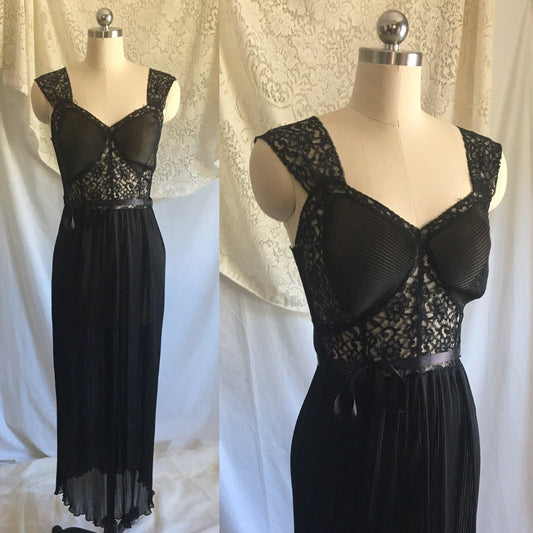 Vintage 1950's Nightgown | Sheer Black Chiffon with Crystal Pleating & Lace | Miss Siren | Size S - Daggers & Dames