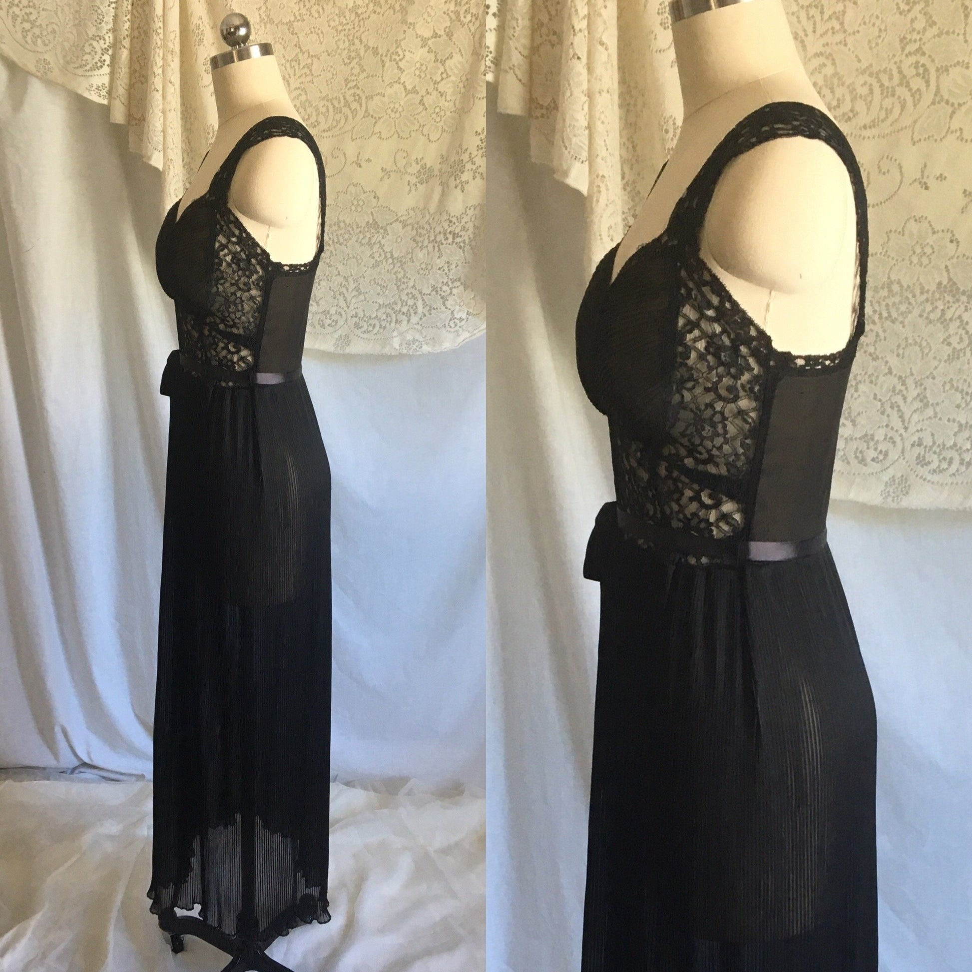 Vintage 1950's Nightgown | Sheer Black Chiffon with Crystal Pleating & Lace | Miss Siren | Size S - Daggers & Dames