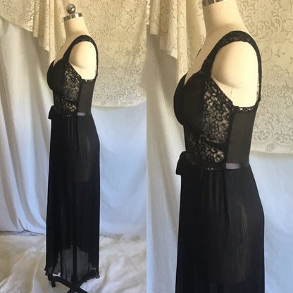 Vintage 1950's Nightgown | Sheer Black Chiffon with Crystal Pleating & Lace | Miss Siren | Size S - Daggers & Dames
