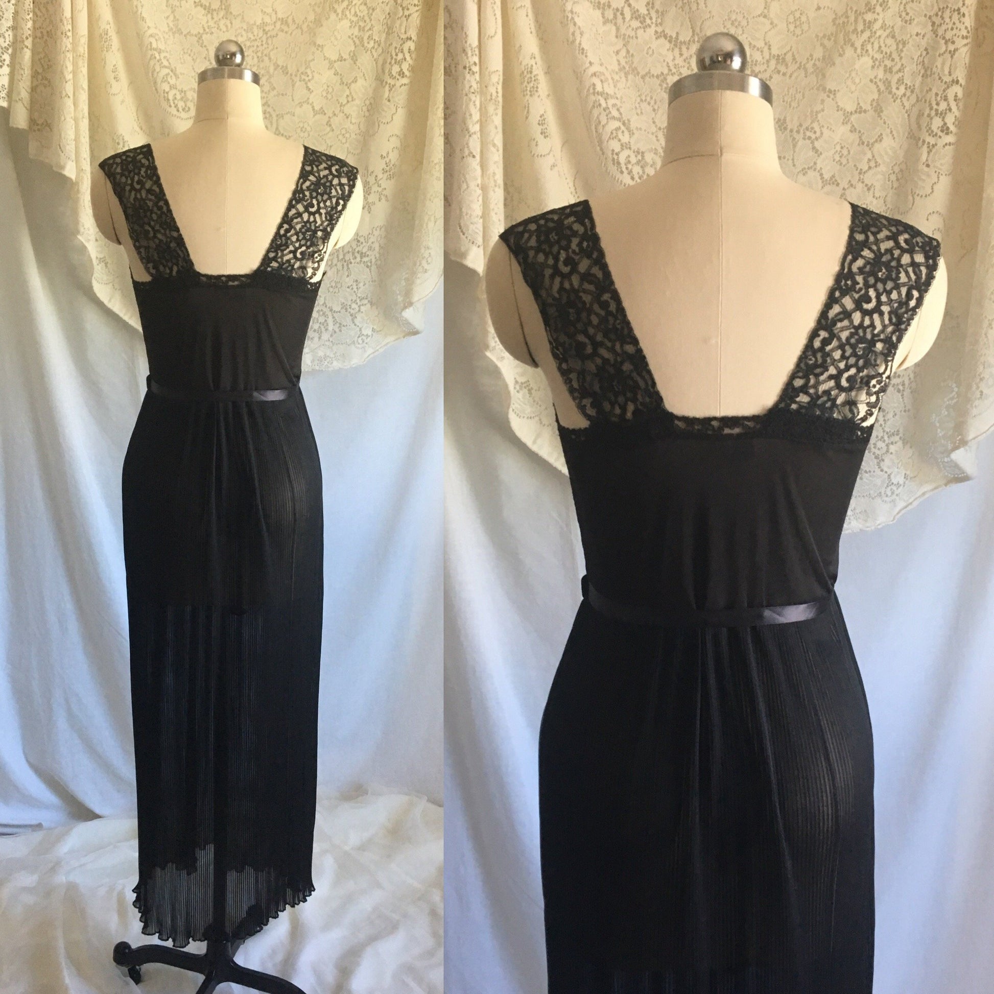 Vintage 1950's Nightgown | Sheer Black Chiffon with Crystal Pleating & Lace | Miss Siren | Size S - Daggers & Dames