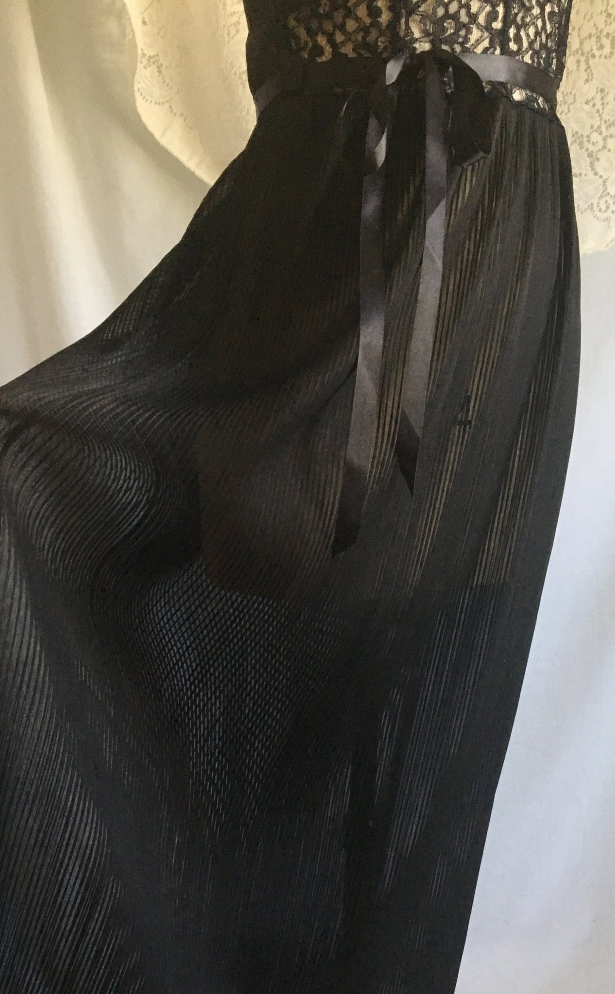 Vintage 1950's Nightgown | Sheer Black Chiffon with Crystal Pleating & Lace | Miss Siren | Size S - Daggers & Dames
