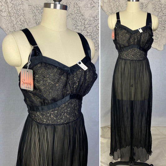 Vintage 1950's Nightgown | Sheer Black Crystal Pleated Nylon Chiffon with Chantilly Lace | Size M | Seamprufe -New with Tags - Daggers & Dames