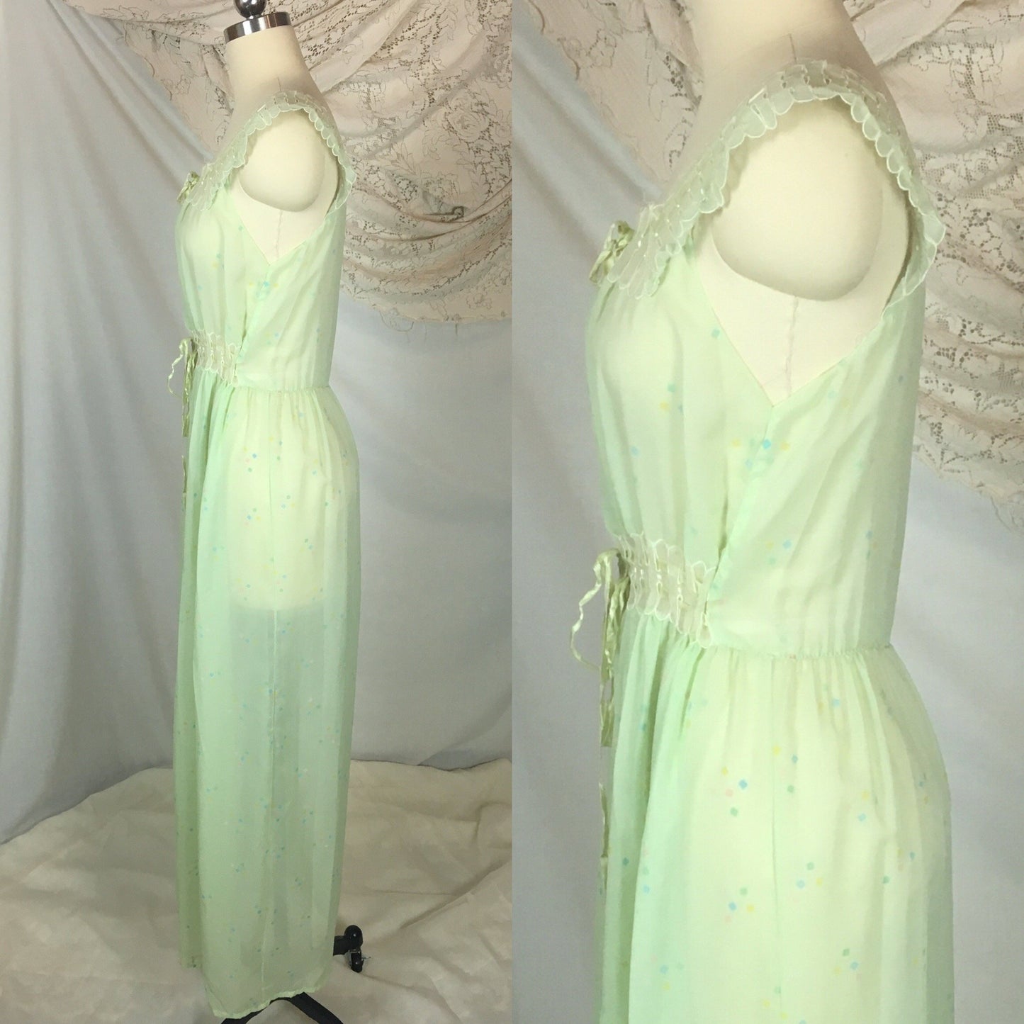Vintage 1950's Nightgown | Sheer Pale Green Nylon Chiffon with Geometric Pattern & Adjustable Waist | Godfried | Size SM, MED - Daggers & Dames