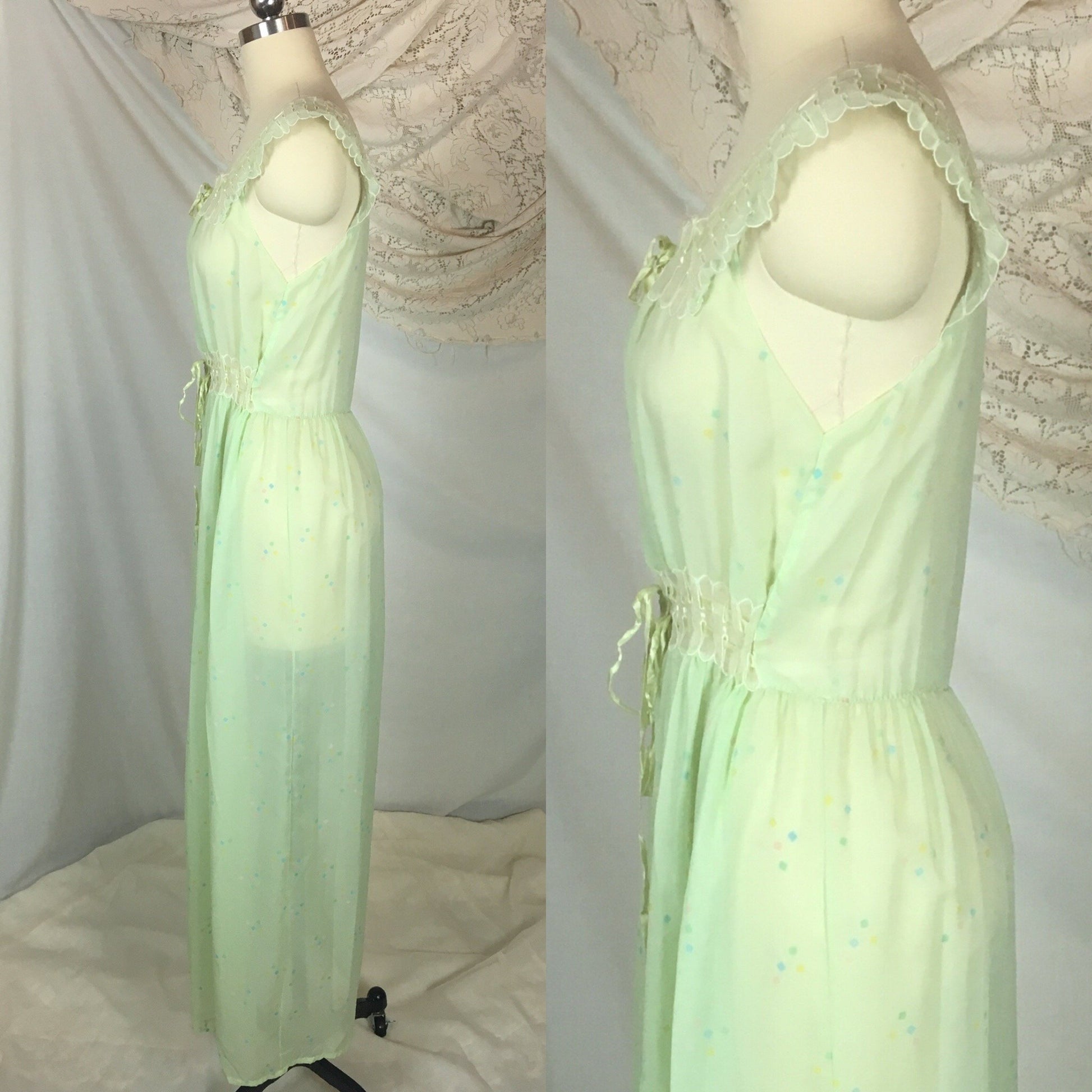 Vintage 1950's Nightgown | Sheer Pale Green Nylon Chiffon with Geometric Pattern & Adjustable Waist | Godfried | Size SM, MED - Daggers & Dames