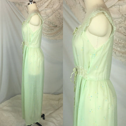 Vintage 1950's Nightgown | Sheer Pale Green Nylon Chiffon with Geometric Pattern & Adjustable Waist | Godfried | Size SM, MED - Daggers & Dames