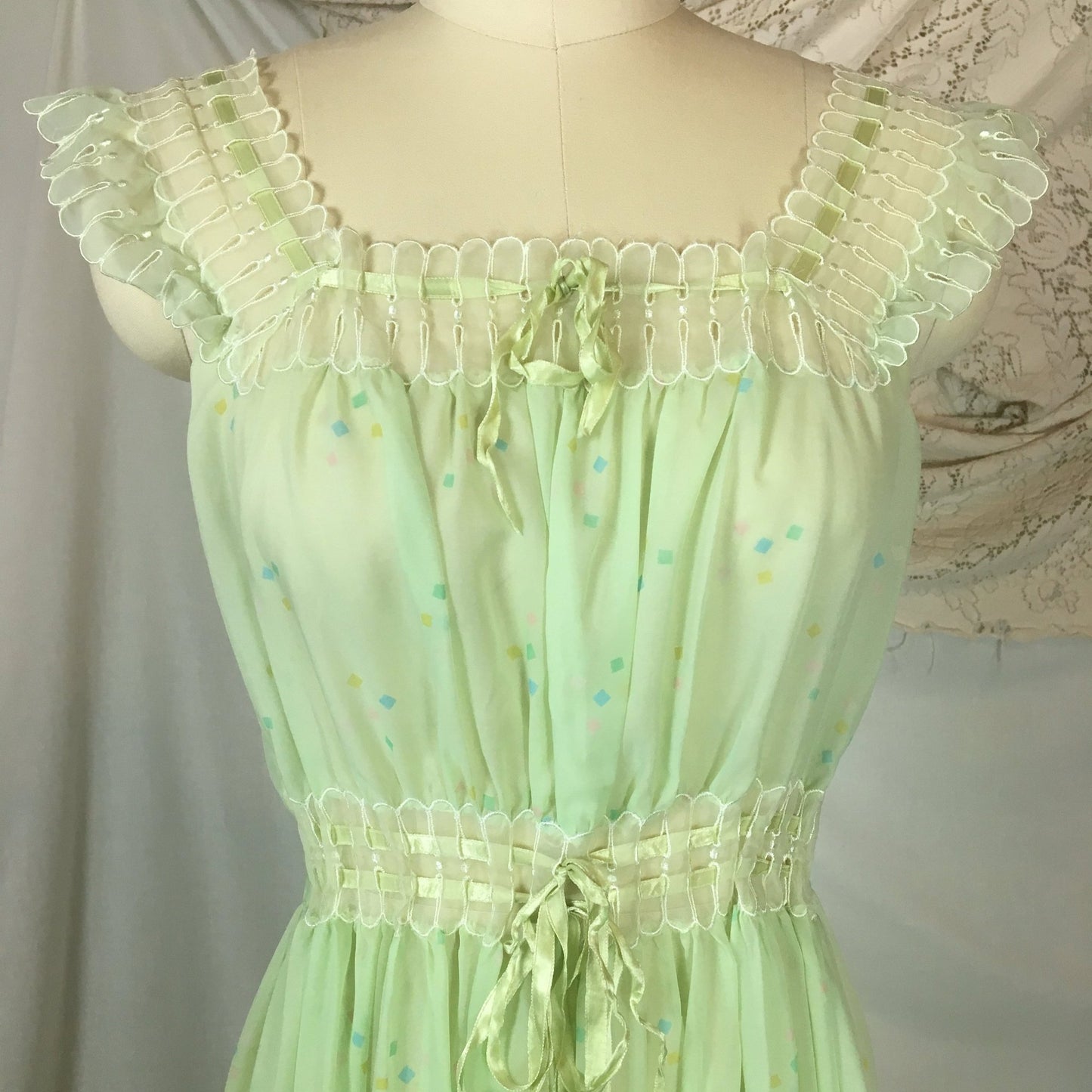 Vintage 1950's Nightgown | Sheer Pale Green Nylon Chiffon with Geometric Pattern & Adjustable Waist | Godfried | Size SM, MED - Daggers & Dames