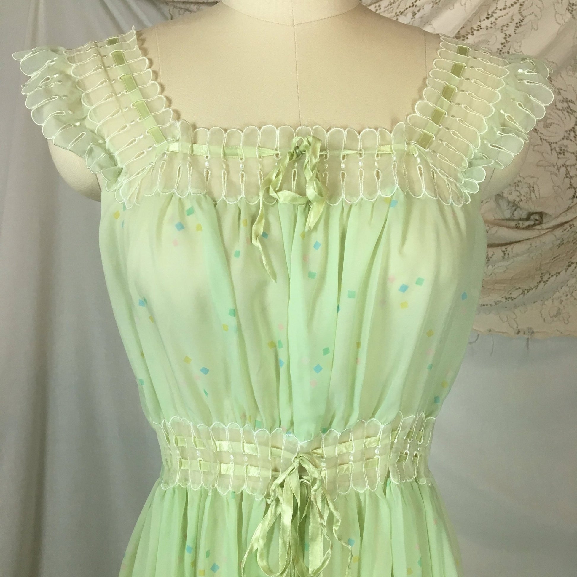 Vintage 1950's Nightgown | Sheer Pale Green Nylon Chiffon with Geometric Pattern & Adjustable Waist | Godfried | Size SM, MED - Daggers & Dames