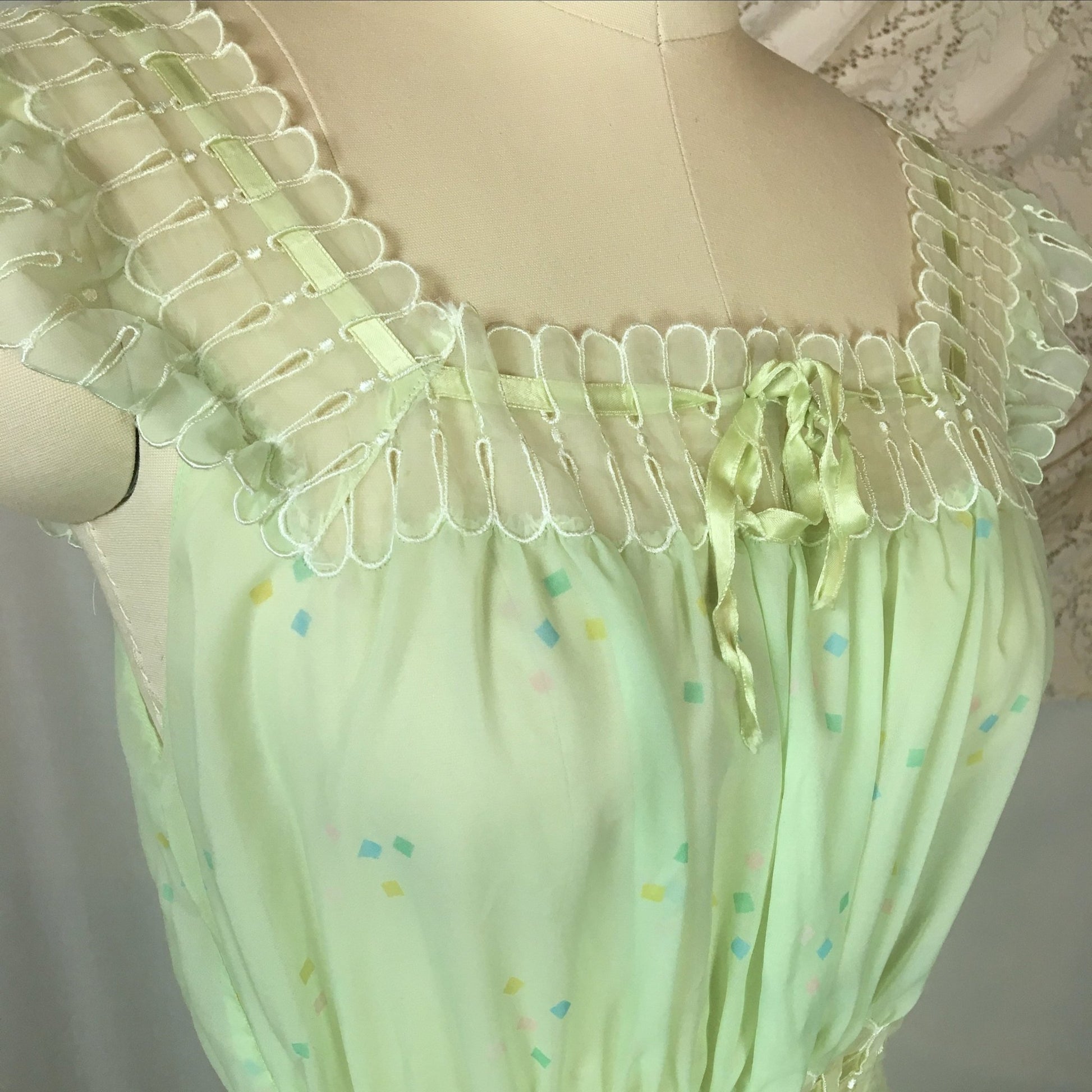 Vintage 1950's Nightgown | Sheer Pale Green Nylon Chiffon with Geometric Pattern & Adjustable Waist | Godfried | Size SM, MED - Daggers & Dames