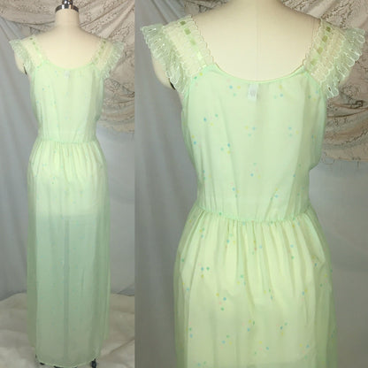 Vintage 1950's Nightgown | Sheer Pale Green Nylon Chiffon with Geometric Pattern & Adjustable Waist | Godfried | Size SM, MED - Daggers & Dames