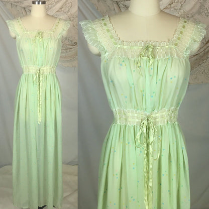 Vintage 1950's Nightgown | Sheer Pale Green Nylon Chiffon with Geometric Pattern & Adjustable Waist | Godfried | Size SM, MED - Daggers & Dames
