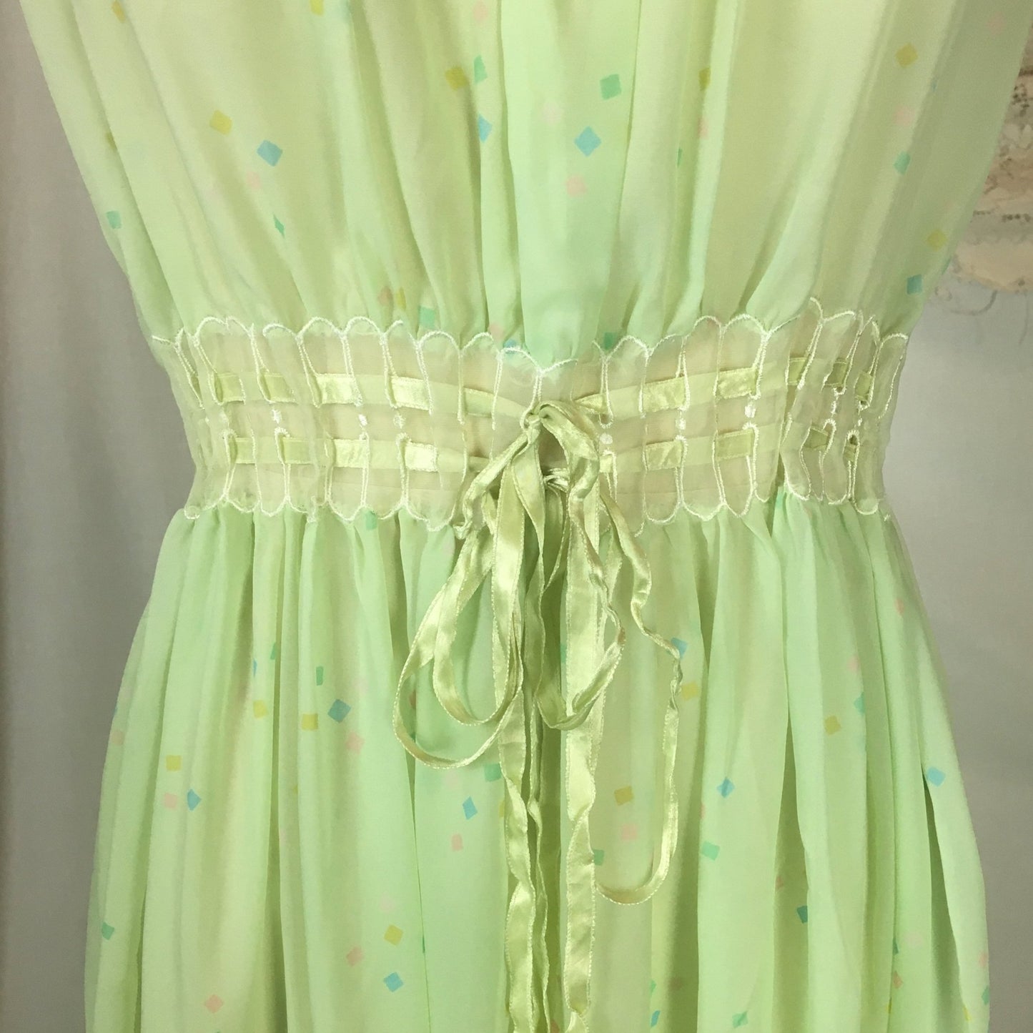 Vintage 1950's Nightgown | Sheer Pale Green Nylon Chiffon with Geometric Pattern & Adjustable Waist | Godfried | Size SM, MED - Daggers & Dames