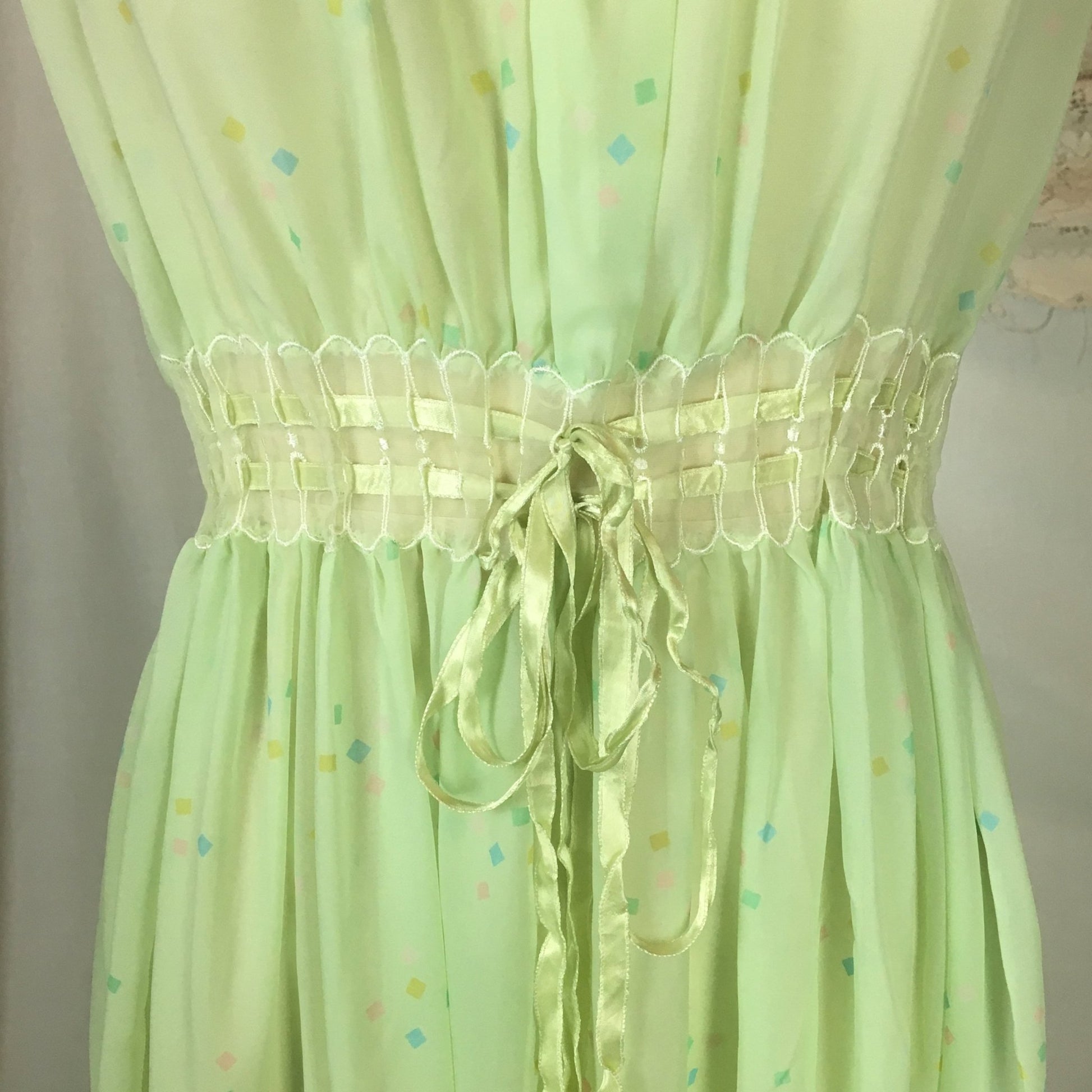 Vintage 1950's Nightgown | Sheer Pale Green Nylon Chiffon with Geometric Pattern & Adjustable Waist | Godfried | Size SM, MED - Daggers & Dames