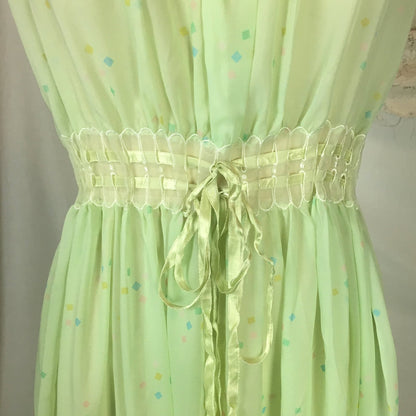 Vintage 1950's Nightgown | Sheer Pale Green Nylon Chiffon with Geometric Pattern & Adjustable Waist | Godfried | Size SM, MED - Daggers & Dames