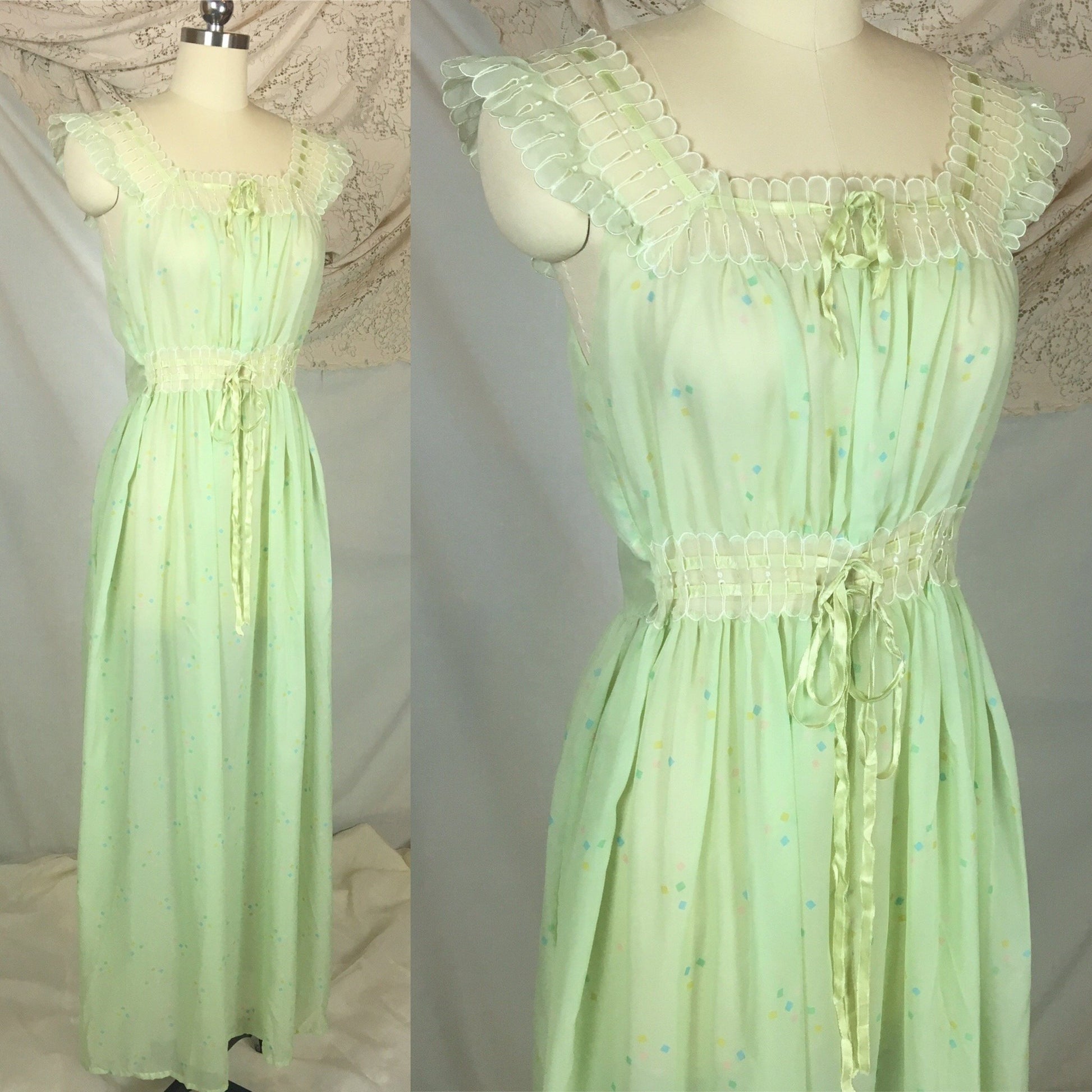 Vintage 1950's Nightgown | Sheer Pale Green Nylon Chiffon with Geometric Pattern & Adjustable Waist | Godfried | Size SM, MED - Daggers & Dames