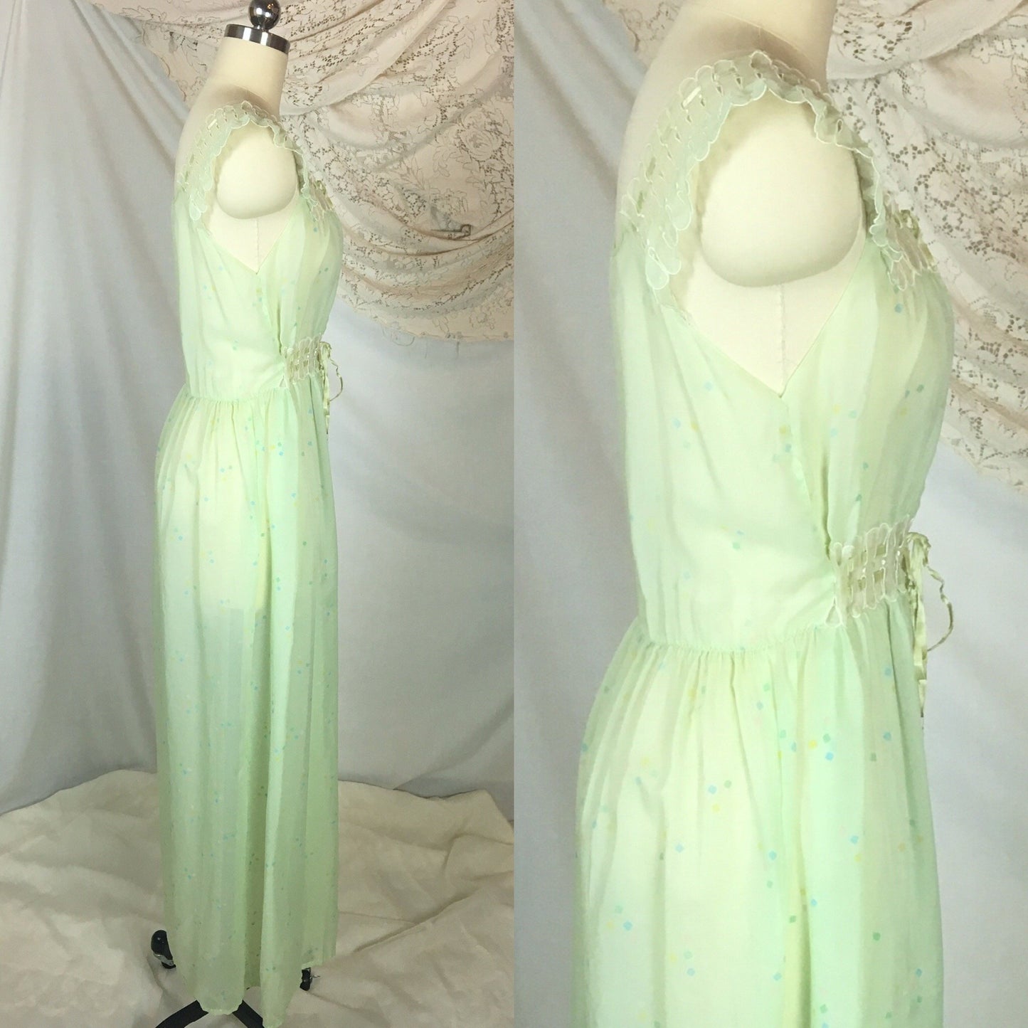 Vintage 1950's Nightgown | Sheer Pale Green Nylon Chiffon with Geometric Pattern & Adjustable Waist | Godfried | Size SM, MED - Daggers & Dames