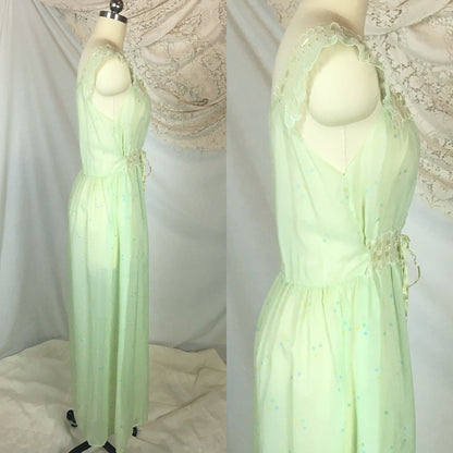 Vintage 1950's Nightgown | Sheer Pale Green Nylon Chiffon with Geometric Pattern & Adjustable Waist | Godfried | Size SM, MED - Daggers & Dames