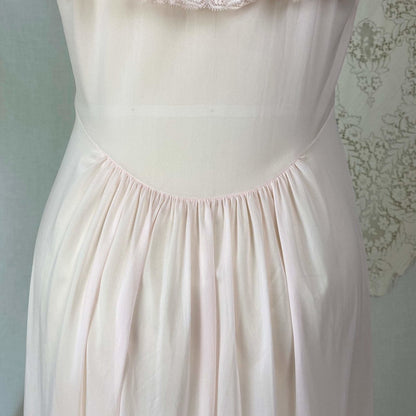 Vintage 1950's Nightgown | Sheer Powder Pink Nylon with Crystal Pleated Chiffon Ruffles | Size S, M | Vanity Fair - Daggers & Dames