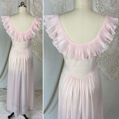 Vintage 1950's Nightgown | Sheer Powder Pink Nylon with Crystal Pleated Chiffon Ruffles | Size S, M | Vanity Fair - Daggers & Dames