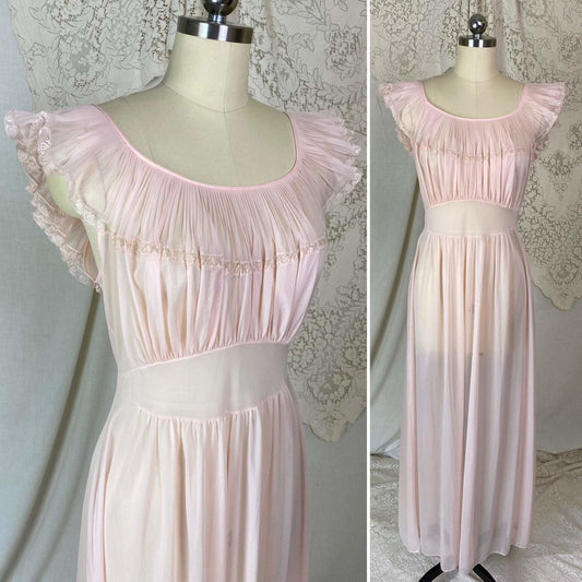 Vintage 1950's Nightgown | Sheer Powder Pink Nylon with Crystal Pleated Chiffon Ruffles | Size S, M | Vanity Fair - Daggers & Dames