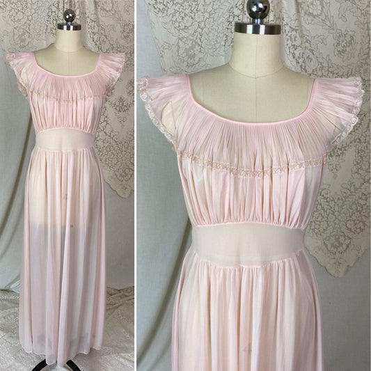 Vintage 1950's Nightgown | Sheer Powder Pink Nylon with Crystal Pleated Chiffon Ruffles | Size S, M | Vanity Fair - Daggers & Dames