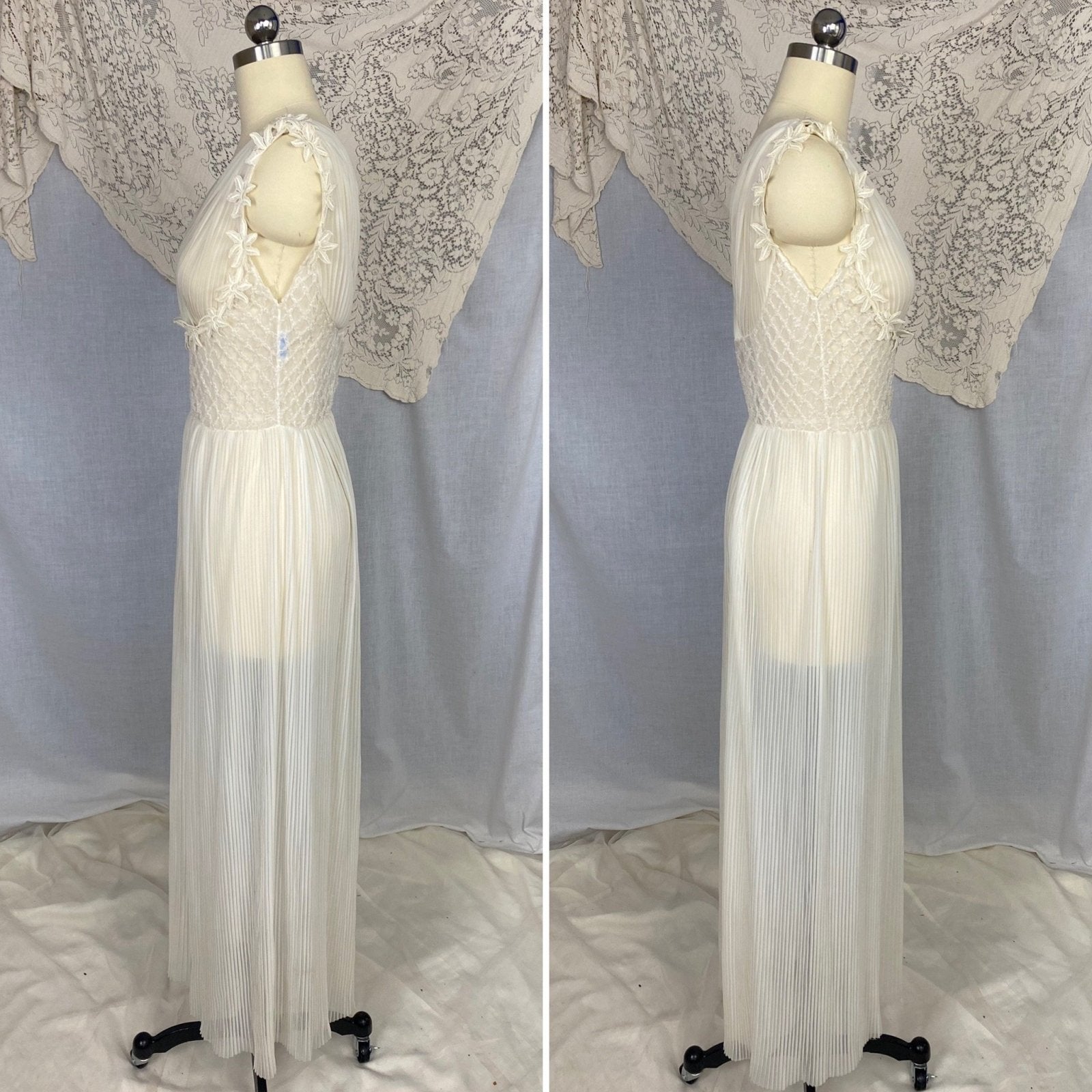 Vintage 1950's Nightgown | Sheer White Nylon Chiffon with Honeycomb Smocking & Crochet Floral Appliqué | Size XS, S | Edwards Lingerie Co. - Daggers & Dames