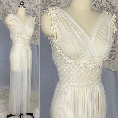 Vintage 1950's Nightgown | Sheer White Nylon Chiffon with Honeycomb Smocking & Crochet Floral Appliqué | Size XS, S | Edwards Lingerie Co. - Daggers & Dames