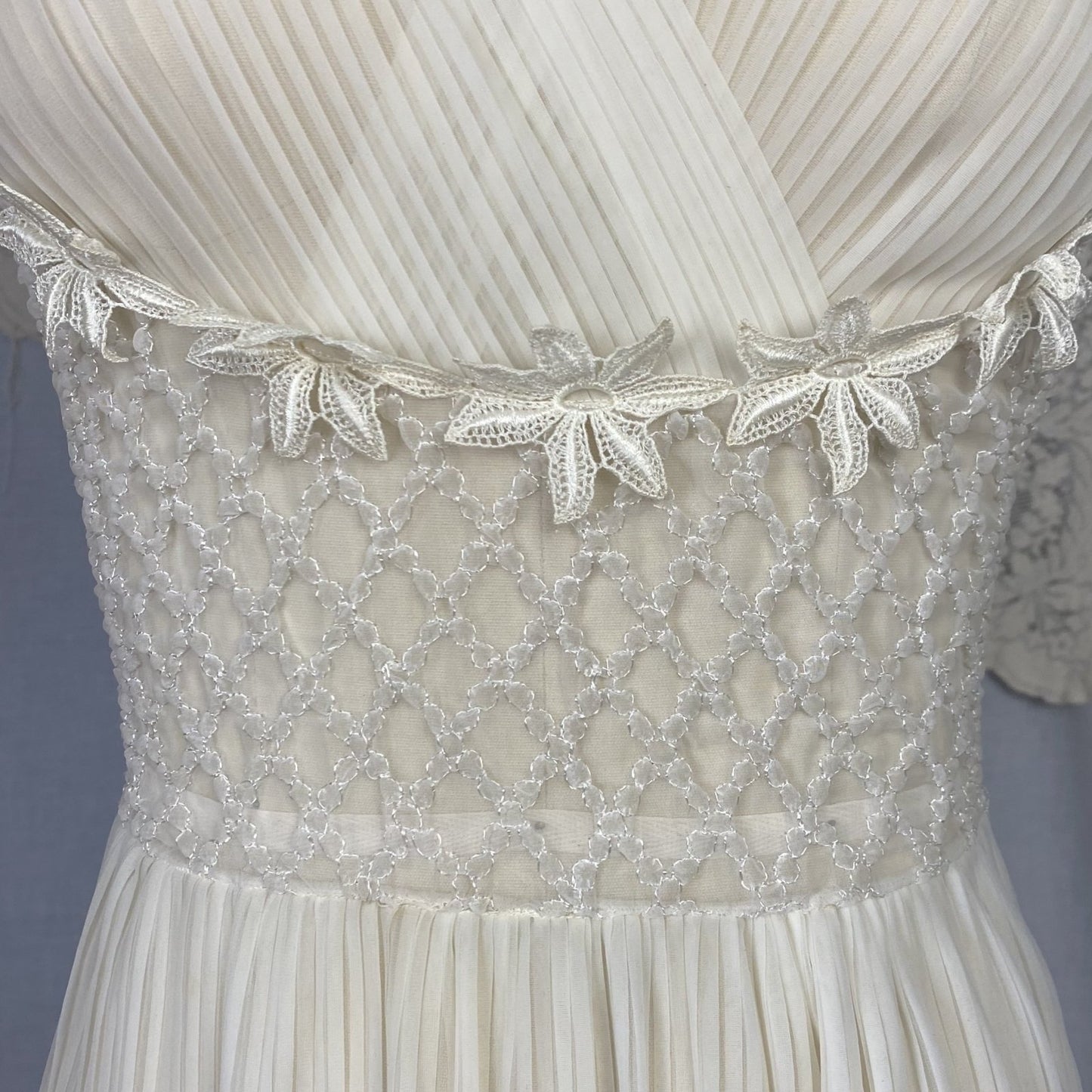 Vintage 1950's Nightgown | Sheer White Nylon Chiffon with Honeycomb Smocking & Crochet Floral Appliqué | Size XS, S | Edwards Lingerie Co. - Daggers & Dames