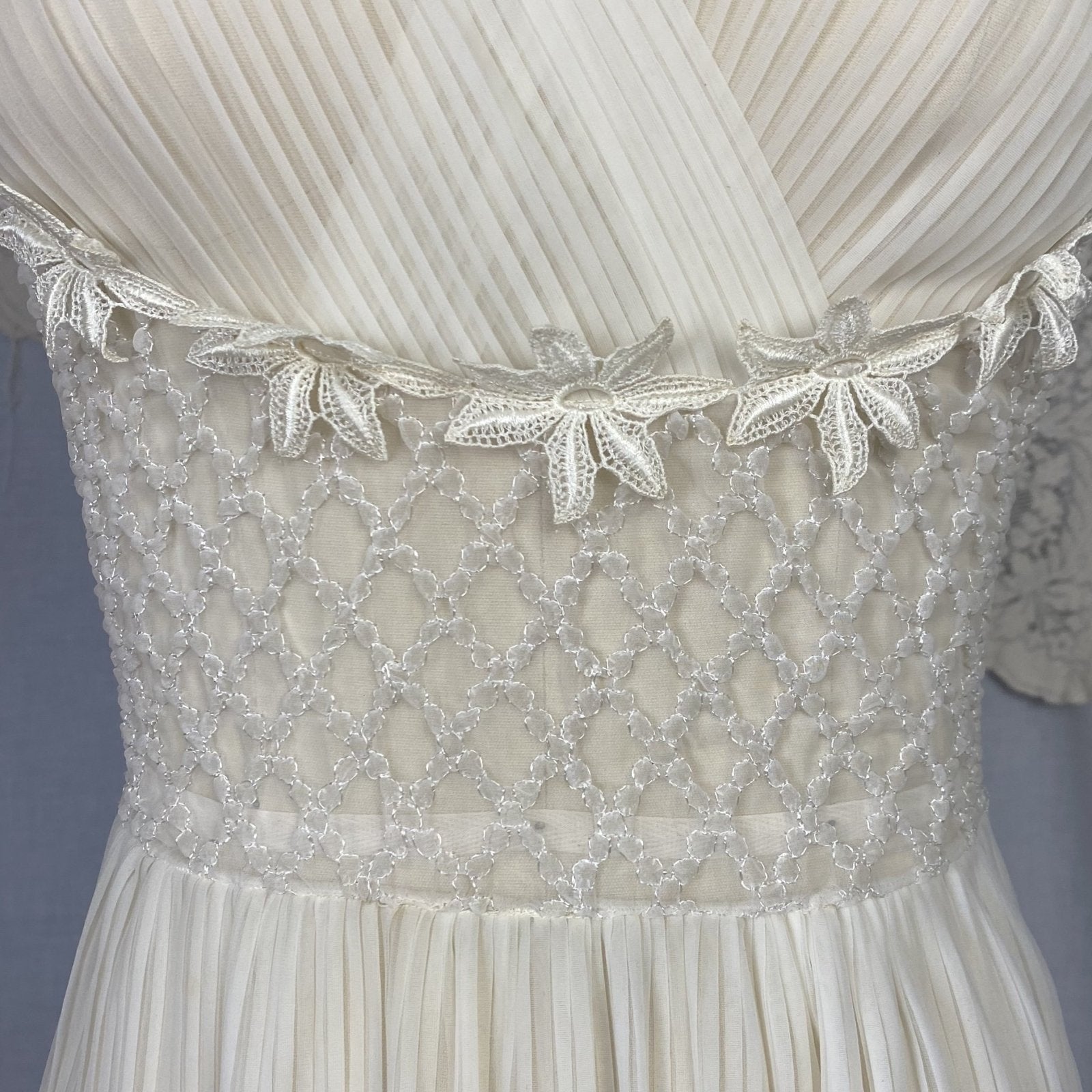 Vintage 1950's Nightgown | Sheer White Nylon Chiffon with Honeycomb Smocking & Crochet Floral Appliqué | Size XS, S | Edwards Lingerie Co. - Daggers & Dames