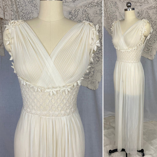 Vintage 1950's Nightgown | Sheer White Nylon Chiffon with Honeycomb Smocking & Crochet Floral Appliqué | Size XS, S | Edwards Lingerie Co. - Daggers & Dames