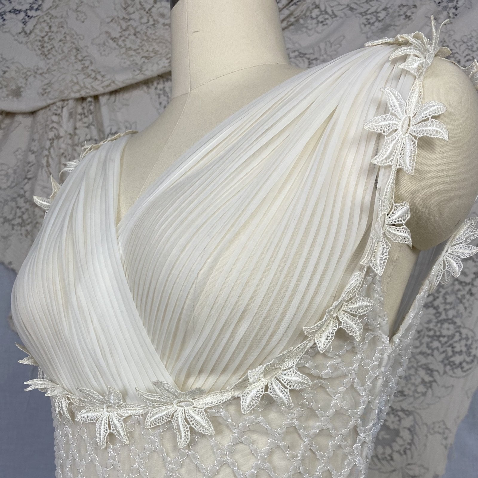 Vintage 1950's Nightgown | Sheer White Nylon Chiffon with Honeycomb Smocking & Crochet Floral Appliqué | Size XS, S | Edwards Lingerie Co. - Daggers & Dames