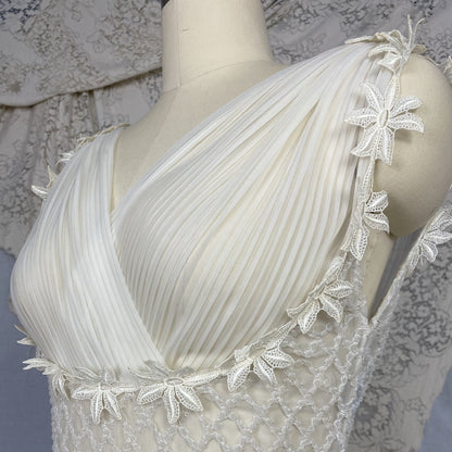 Vintage 1950's Nightgown | Sheer White Nylon Chiffon with Honeycomb Smocking & Crochet Floral Appliqué | Size XS, S | Edwards Lingerie Co. - Daggers & Dames