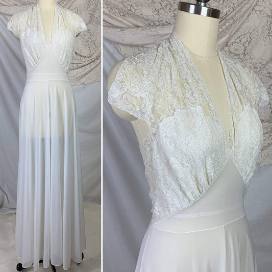 Vintage 1950's Nightgown | Sheer White Nylon with Floral Lace & Button Halter Neck | Nettie Rosenstein | Size XS, SM - Daggers & Dames