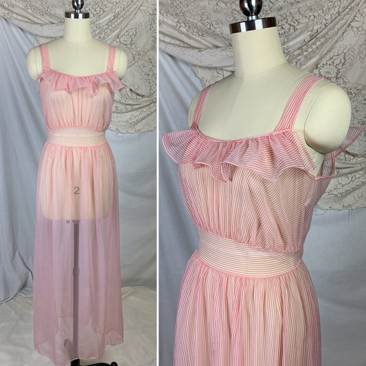 Vintage 1950's Nightgown | Sheer White & Red Candy Striper Nylon Chiffon with Ruffles | Tailored by Globe | Size SM, MED - Daggers & Dames