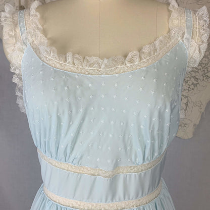 Vintage 1950's Nightgown | Sky Blue Rayon Blend with White Ruffled Lace & Star Embroidery | Size M, LG | Barbizon - Daggers & Dames