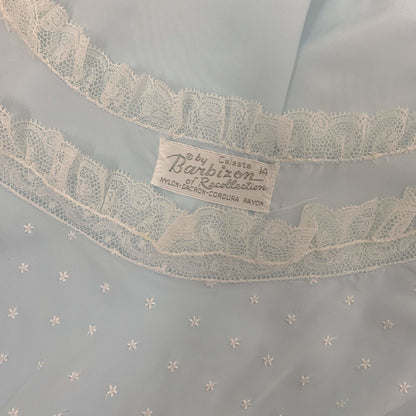 Vintage 1950's Nightgown | Sky Blue Rayon Blend with White Ruffled Lace & Star Embroidery | Size M, LG | Barbizon - Daggers & Dames