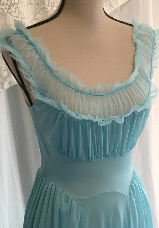 Vintage 1950's Nightgown | Teal Blue Nylon with Chiffon Ruffles | Carter's | Size S - Daggers & Dames
