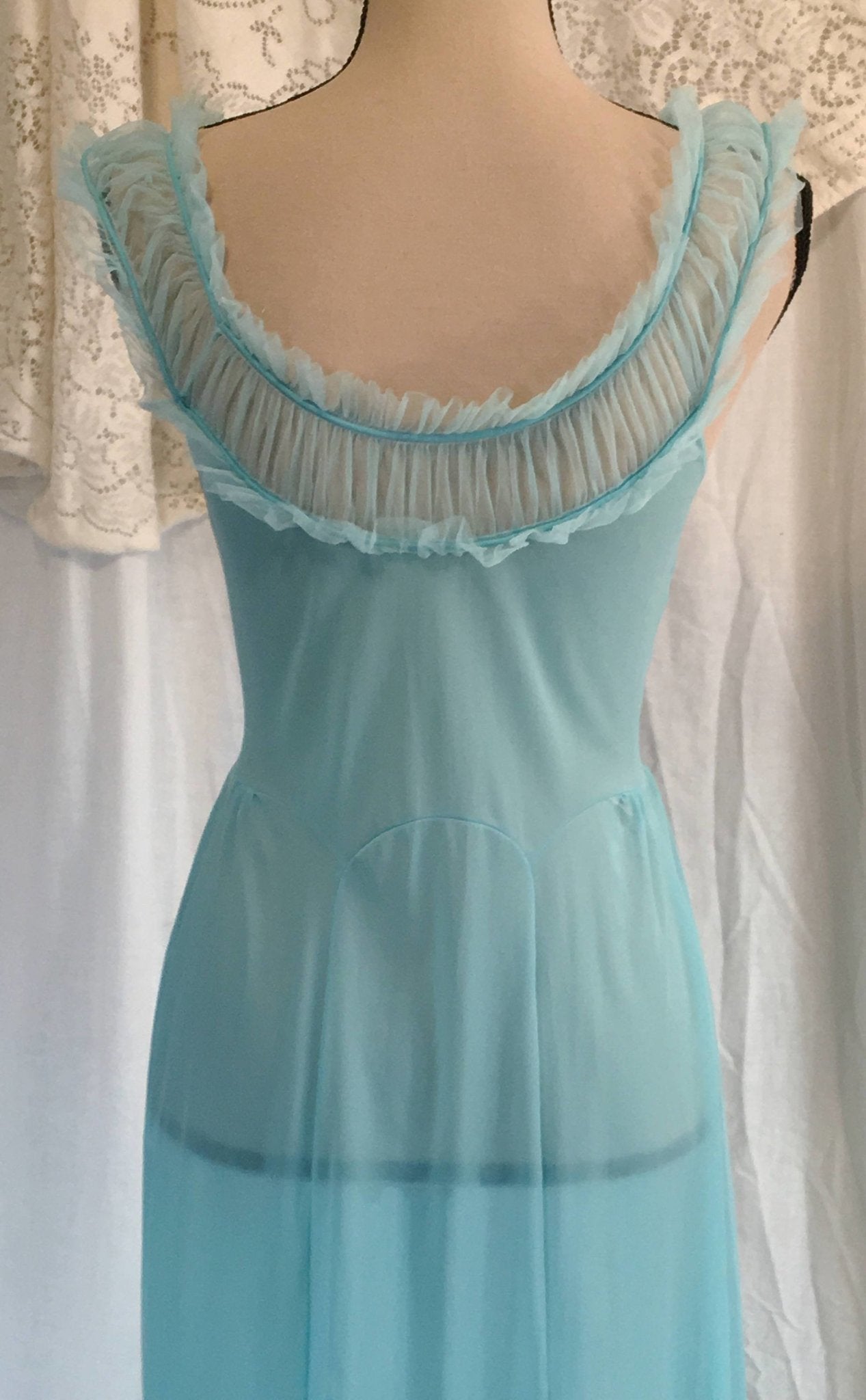 Vintage 1950's Nightgown | Teal Blue Nylon with Chiffon Ruffles | Carter's | Size S - Daggers & Dames