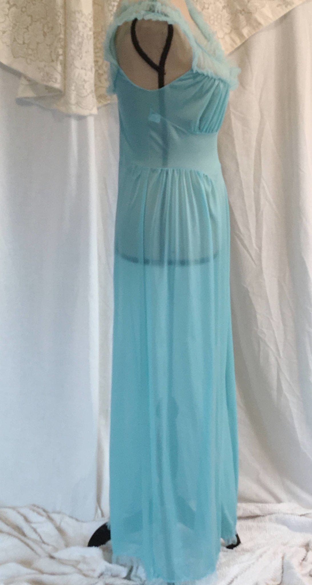 Vintage 1950's Nightgown | Teal Blue Nylon with Chiffon Ruffles | Carter's | Size S - Daggers & Dames