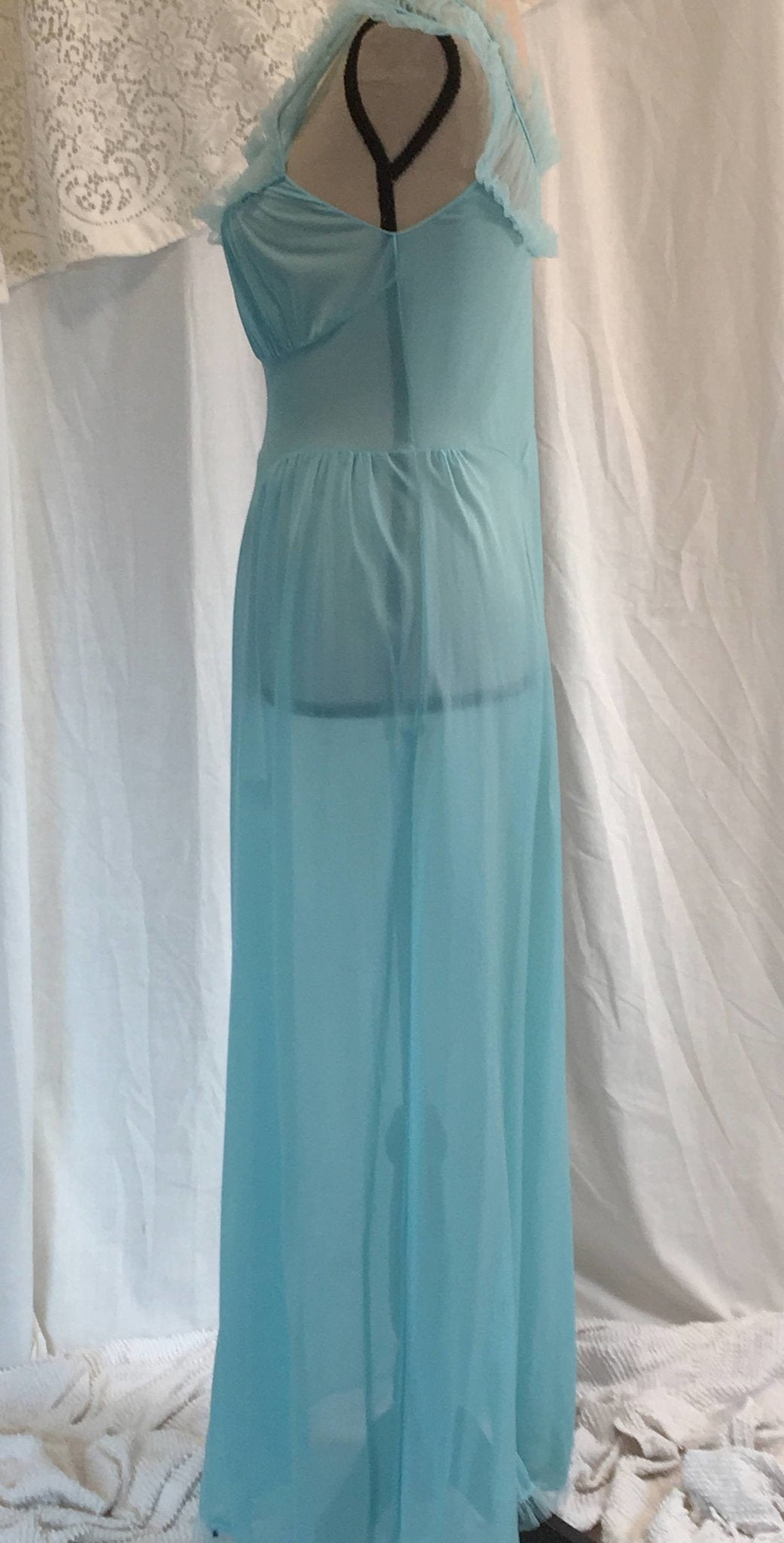 Vintage 1950's Nightgown | Teal Blue Nylon with Chiffon Ruffles | Carter's | Size S - Daggers & Dames