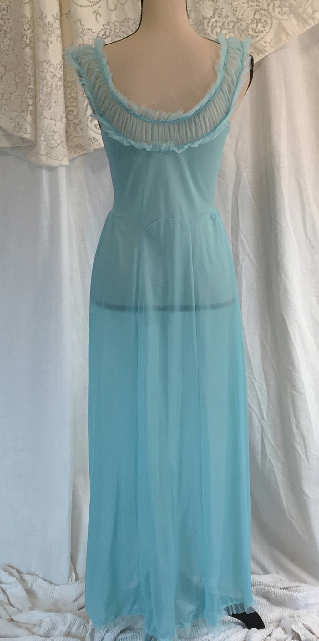 Vintage 1950's Nightgown | Teal Blue Nylon with Chiffon Ruffles | Carter's | Size S - Daggers & Dames