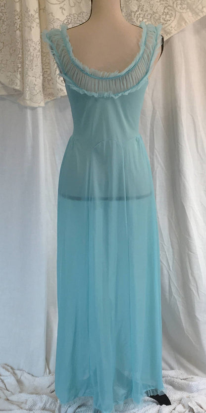 Vintage 1950's Nightgown | Teal Blue Nylon with Chiffon Ruffles | Carter's | Size S - Daggers & Dames
